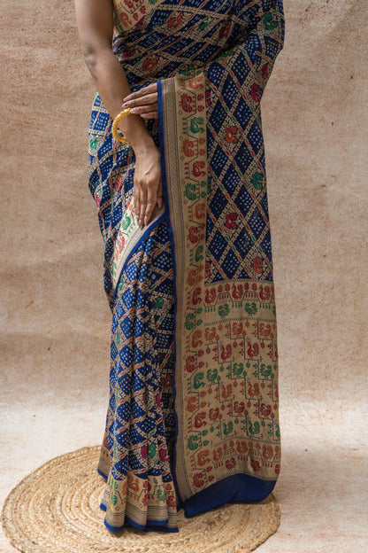 Georgette Figure Weaving Meenakari Royal Blue Bandhej Saree