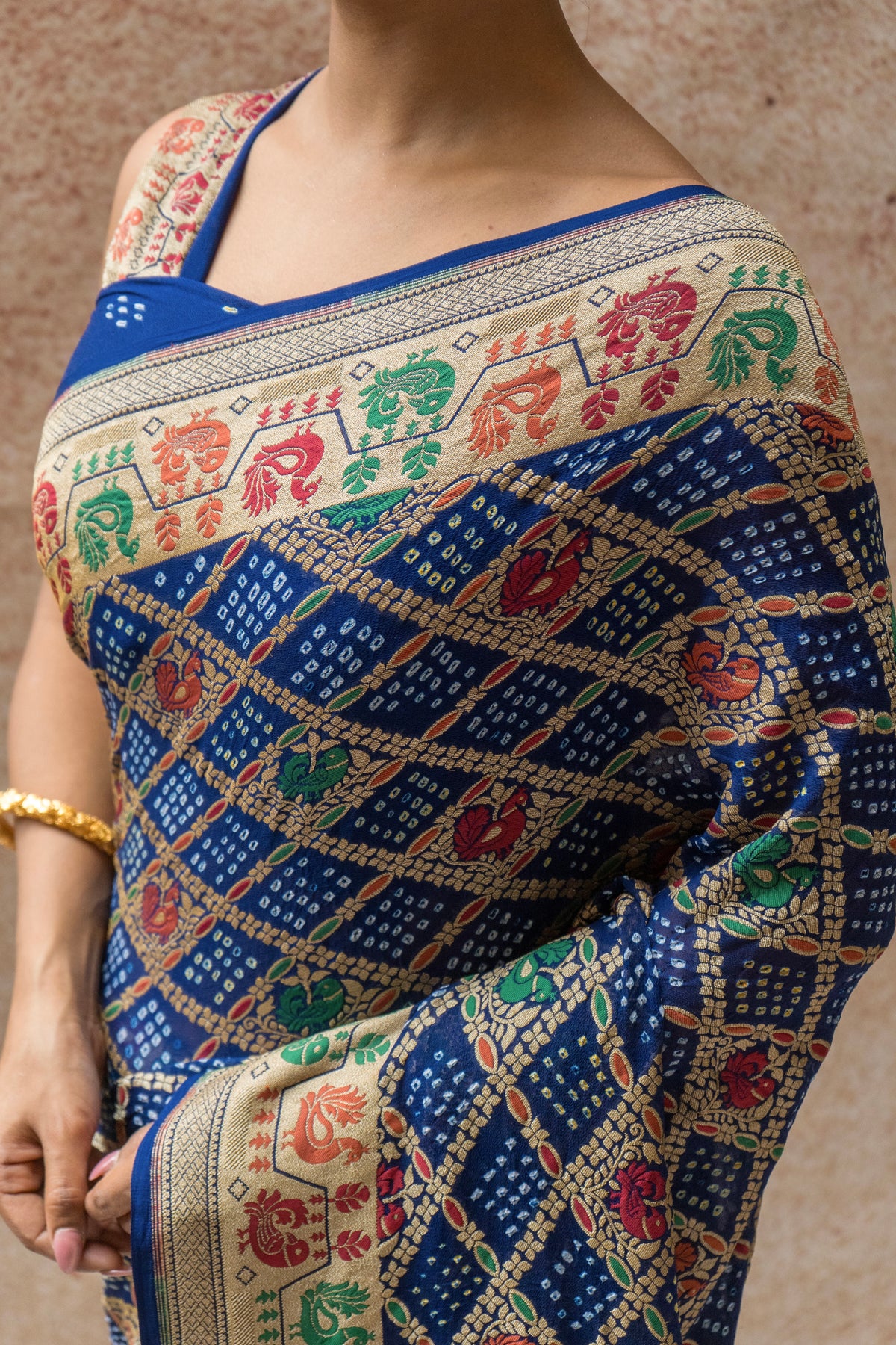 Georgette Figure Weaving Meenakari Royal Blue Bandhej Saree