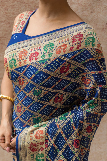 Georgette Figure Weaving Meenakari Royal Blue Bandhej Saree