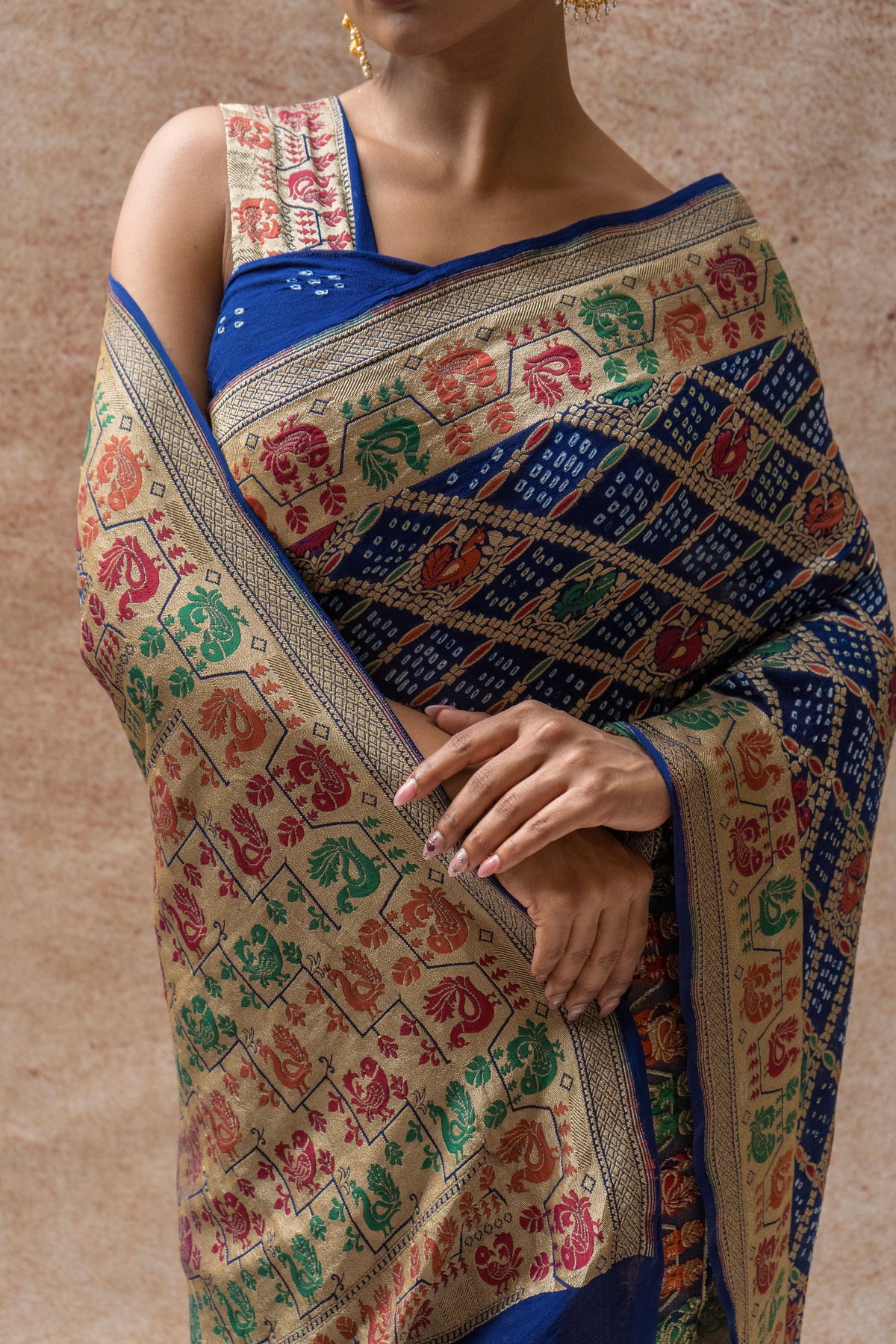 Georgette Figure Weaving Meenakari Royal Blue Bandhej Saree