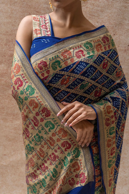 Georgette Figure Weaving Meenakari Royal Blue Bandhej Saree