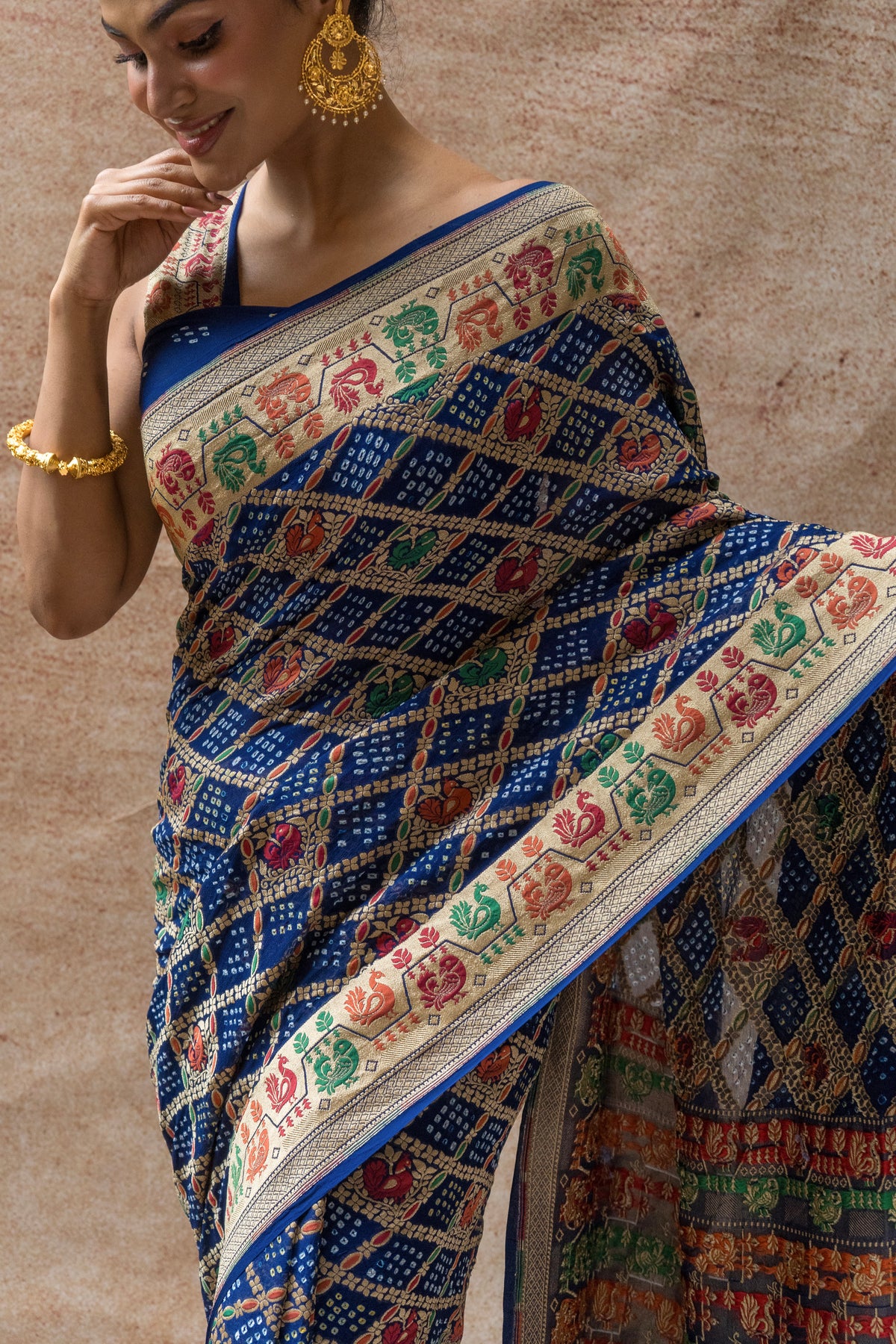 Georgette Figure Weaving Meenakari Royal Blue Bandhej Saree
