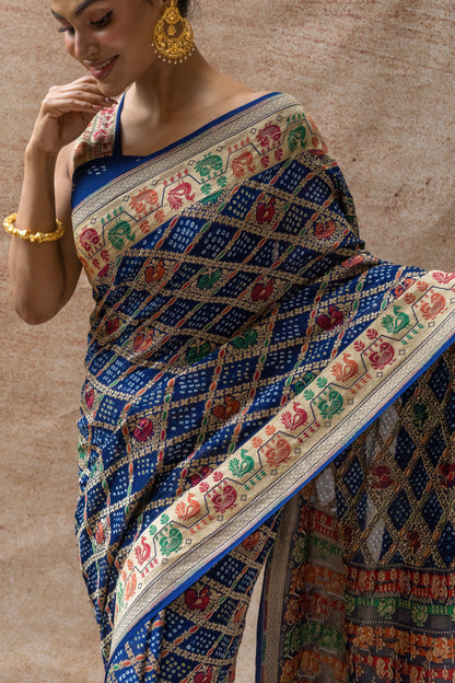 Georgette Figure Weaving Meenakari Royal Blue Bandhej Saree