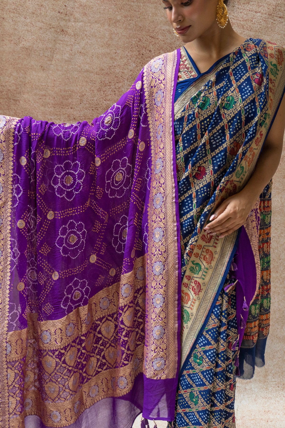 Georgette Figure Weaving Meenakari Royal Blue Bandhej Saree