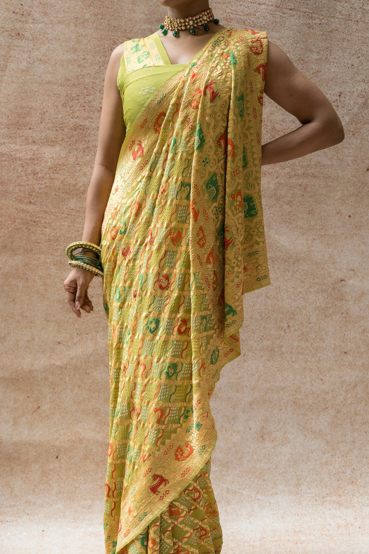 Georgette Figure Weaving Meenakari Bandhej Pastel Green Saree