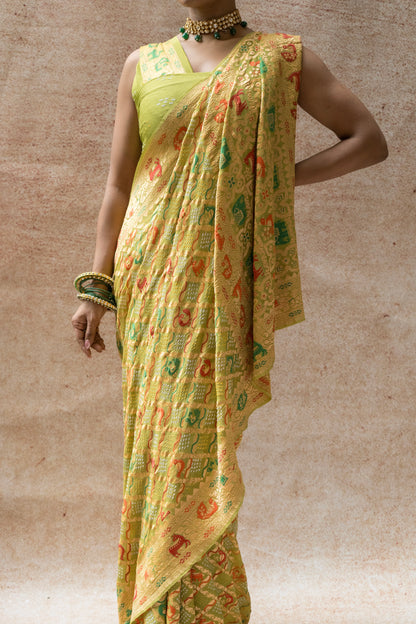 Georgette Figure Weaving Meenakari Bandhej Pastel Green Saree