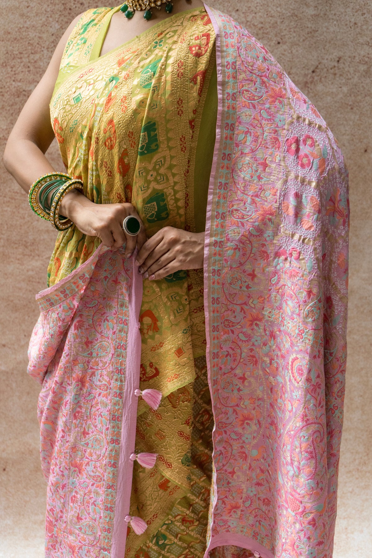 Georgette Figure Weaving Meenakari Bandhej Pastel Green Saree