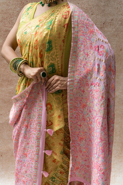 Georgette Figure Weaving Meenakari Bandhej Pastel Green Saree
