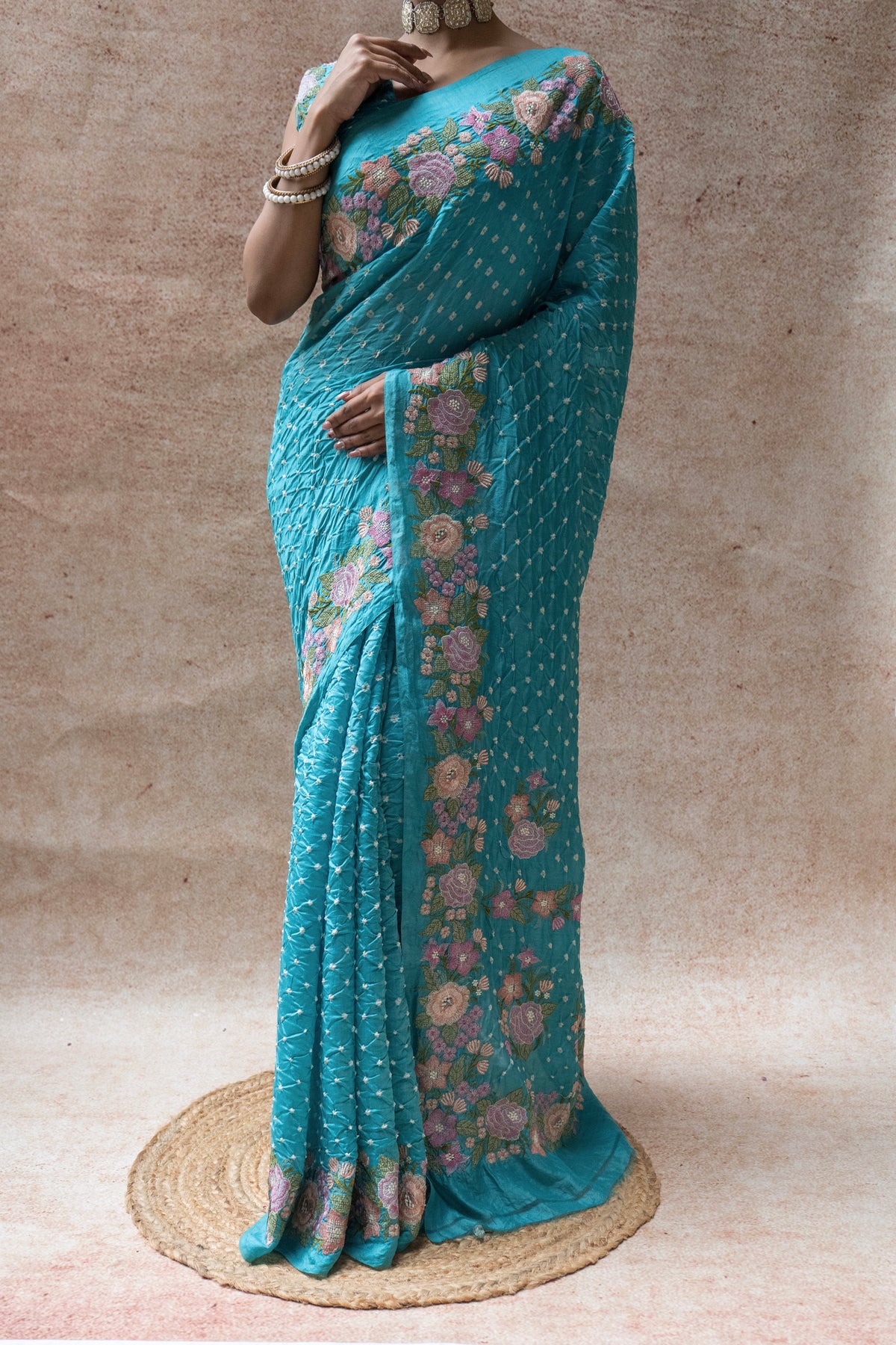 Chiniya Embroidered Blue Bandhej Saree