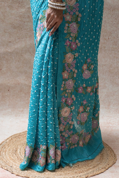 Chiniya Embroidered Blue Bandhej Saree