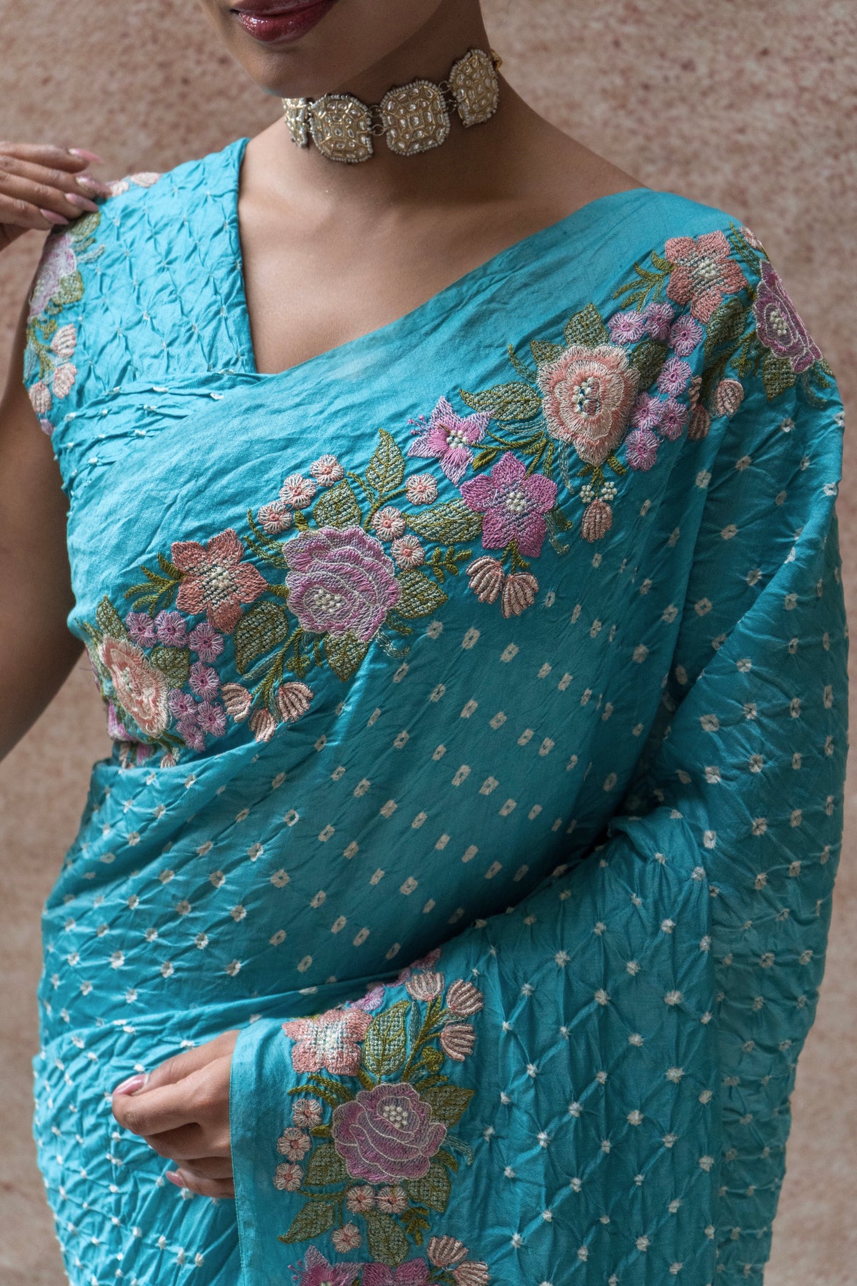 Chiniya Embroidered Blue Bandhej Saree