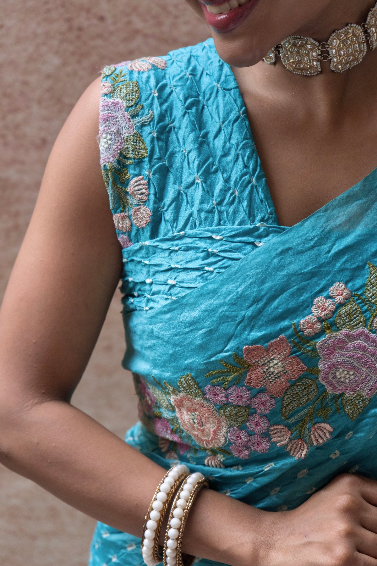 Chiniya Embroidered Blue Bandhej Saree