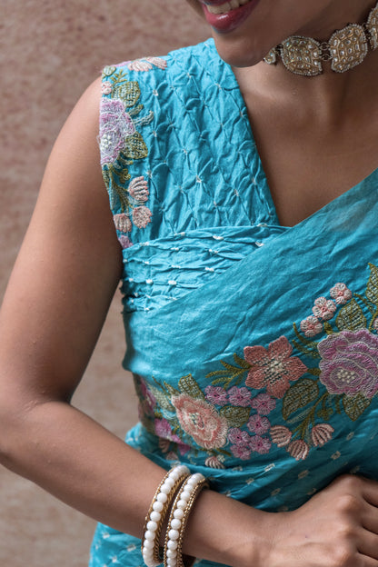 Chiniya Embroidered Blue Bandhej Saree