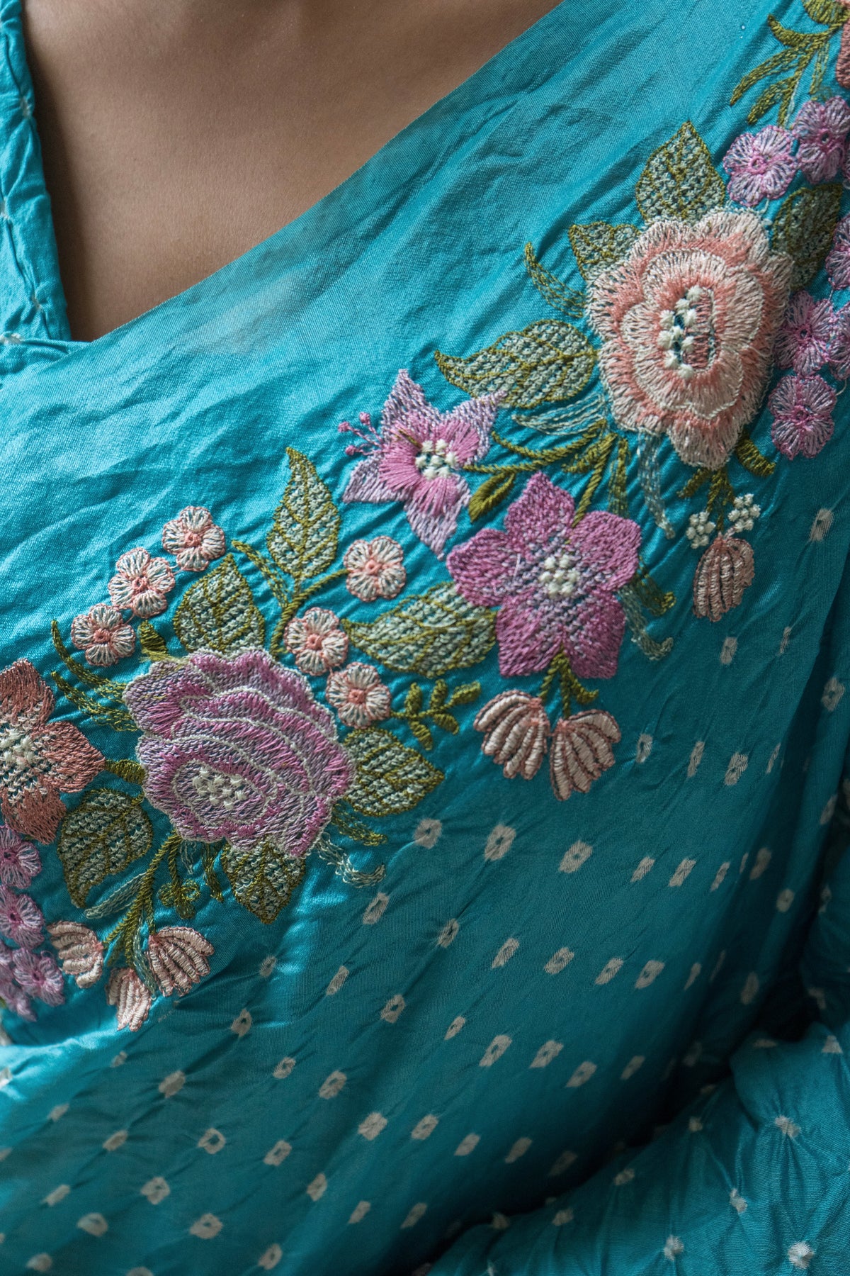 Chiniya Embroidered Blue Bandhej Saree