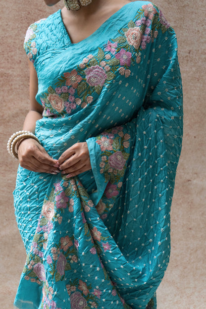 Chiniya Embroidered Blue Bandhej Saree