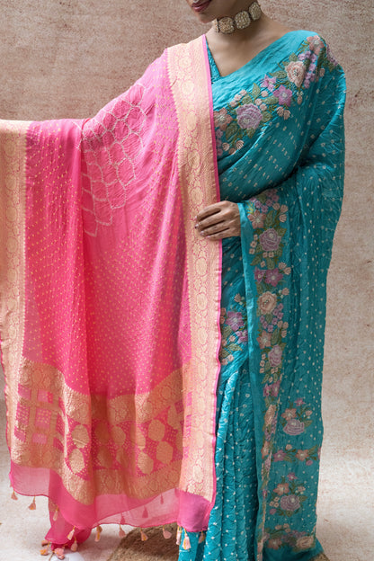 Chiniya Embroidered Blue Bandhej Saree