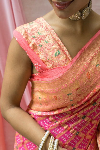 Georgette Figure Weaving Meenakari Ombre Pink Bandhej Saree