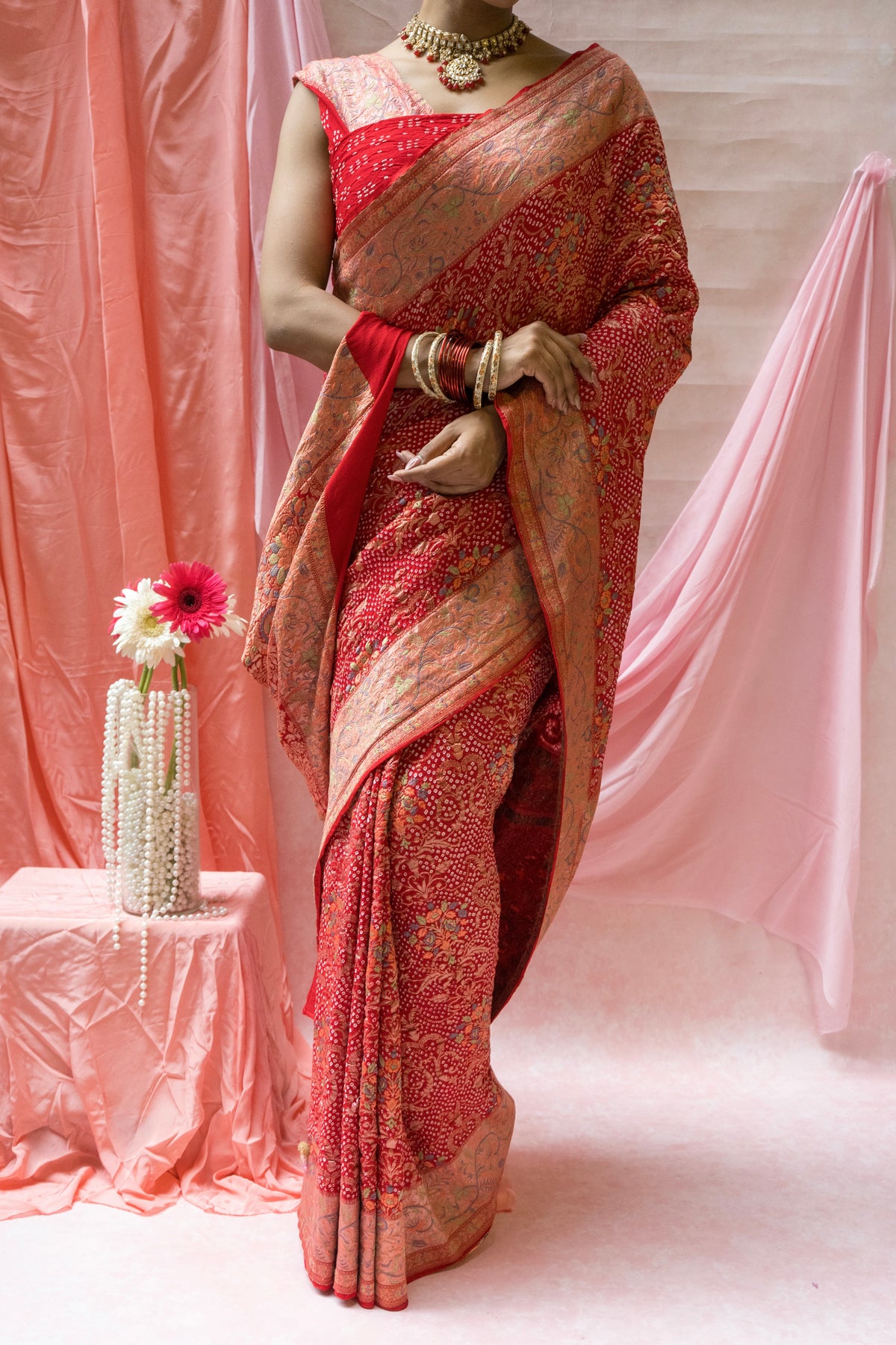 Meenakari Georgette Brocade Red Bandhej Saree
