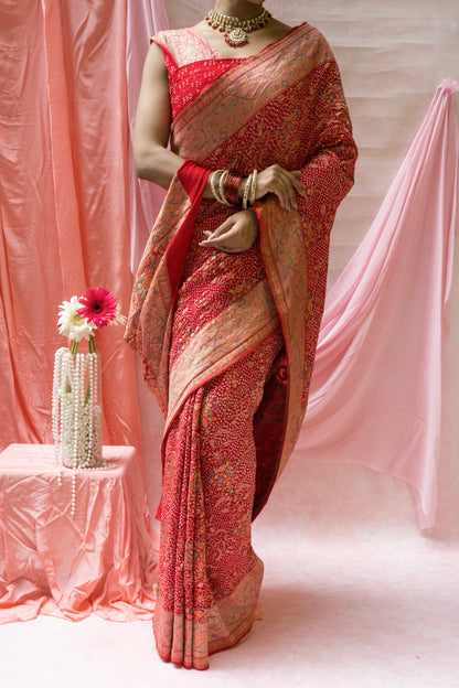 Meenakari Georgette Brocade Red Bandhej Saree