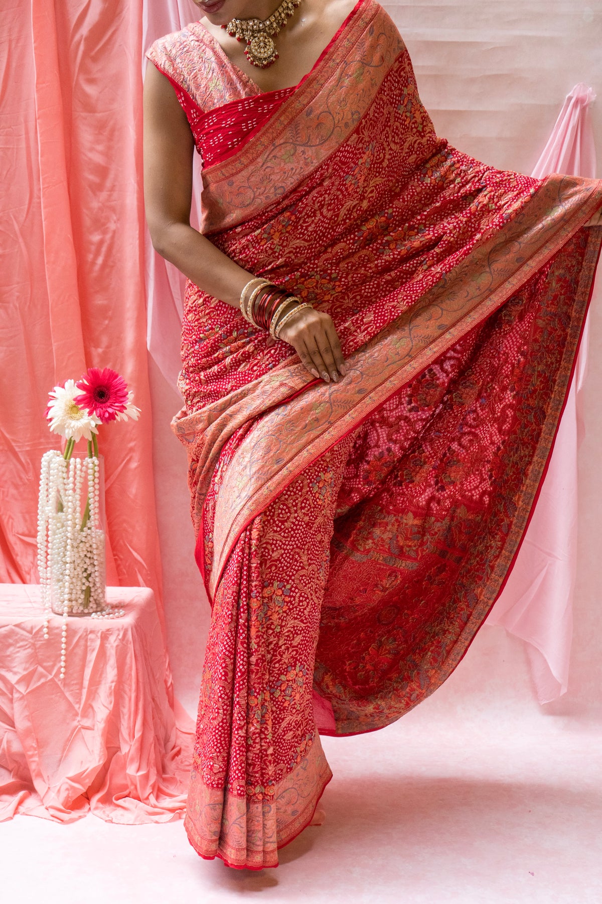 Meenakari Georgette Brocade Red Bandhej Saree