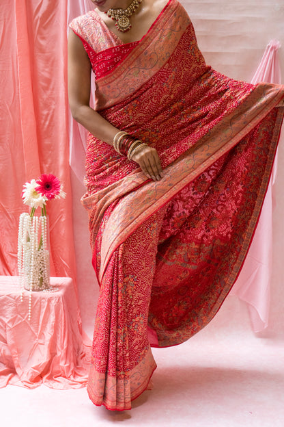 Meenakari Georgette Brocade Red Bandhej Saree