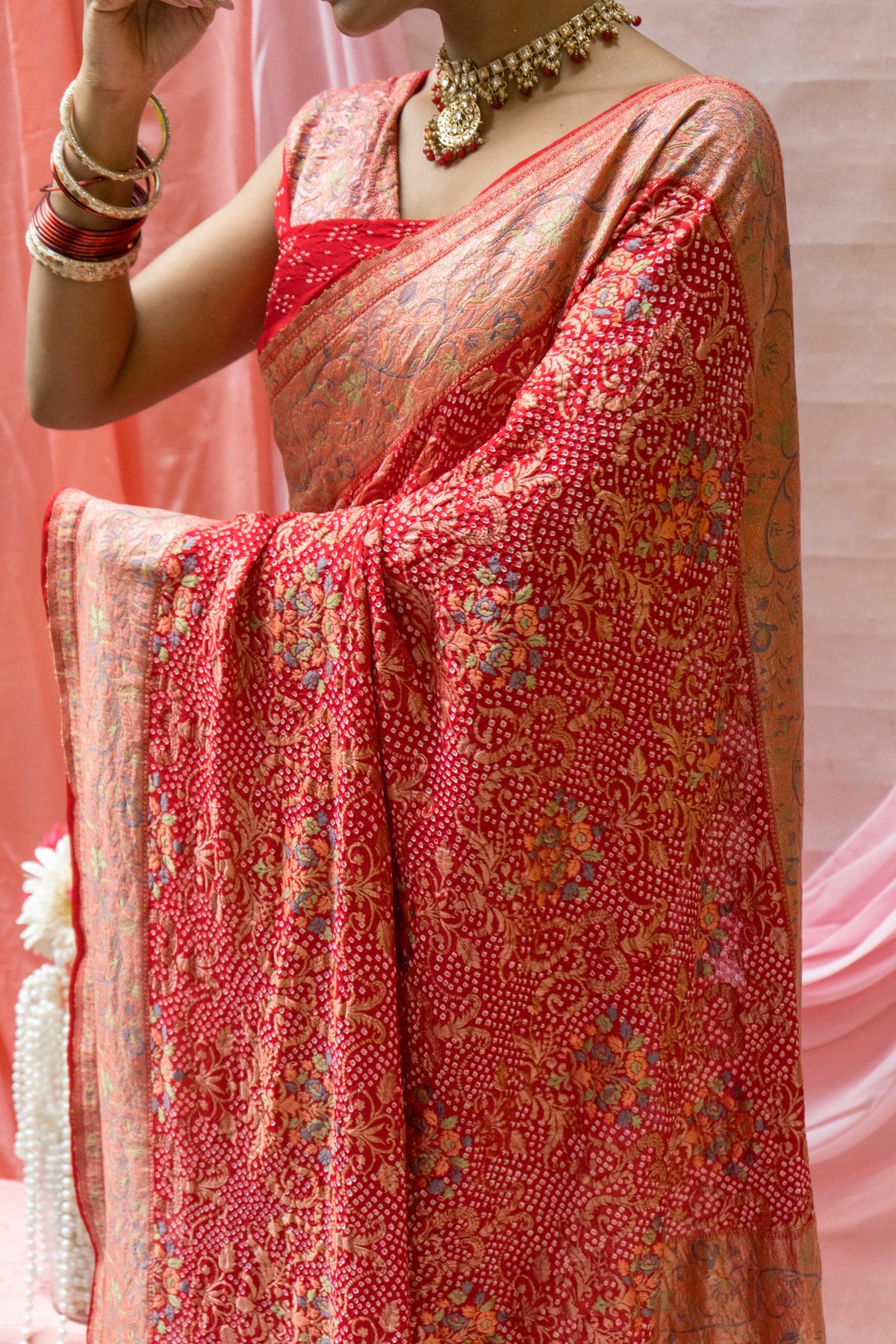 Meenakari Georgette Brocade Red Bandhej Saree
