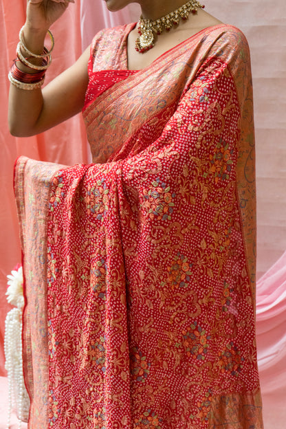 Meenakari Georgette Brocade Red Bandhej Saree