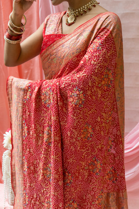 Meenakari Georgette Brocade Red Bandhej Saree