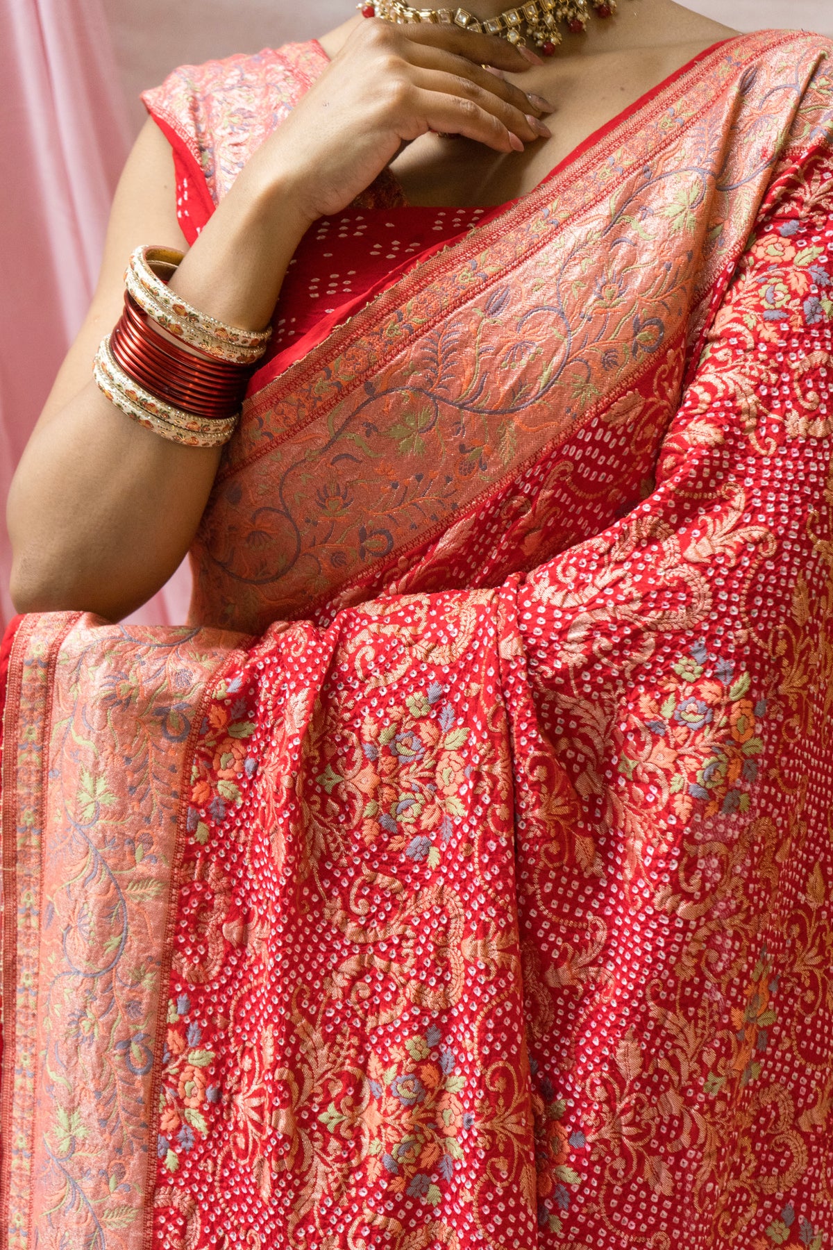 Meenakari Georgette Brocade Red Bandhej Saree