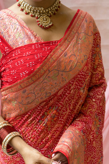 Meenakari Georgette Brocade Red Bandhej Saree
