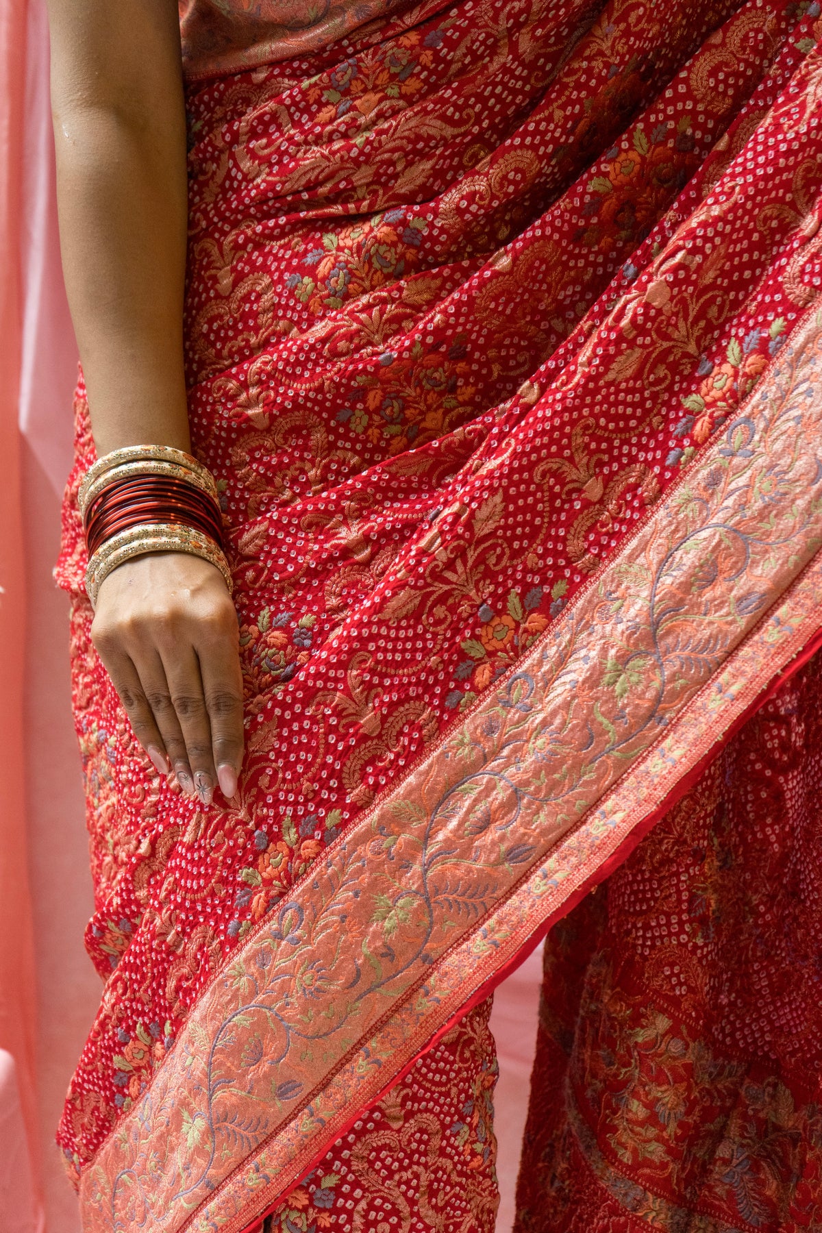 Meenakari Georgette Brocade Red Bandhej Saree