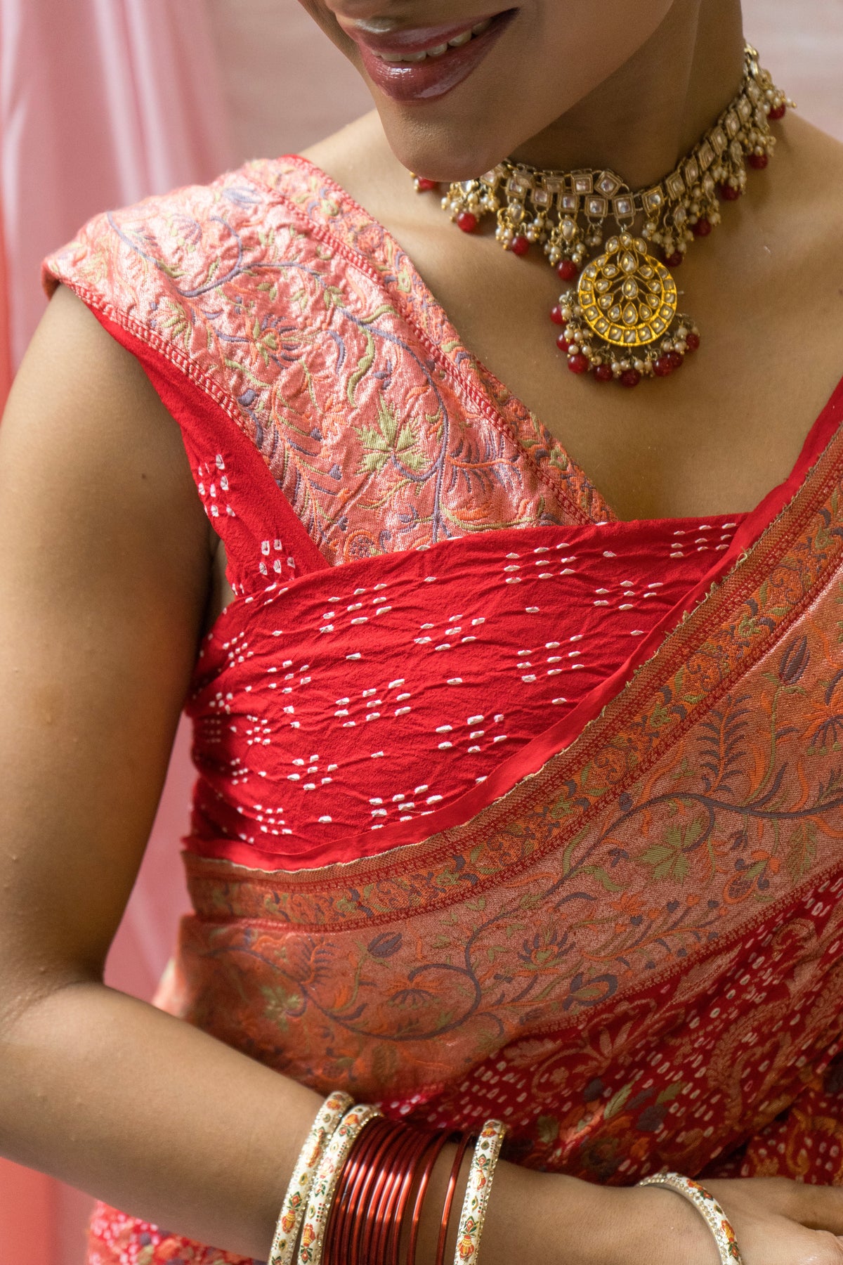 Meenakari Georgette Brocade Red Bandhej Saree