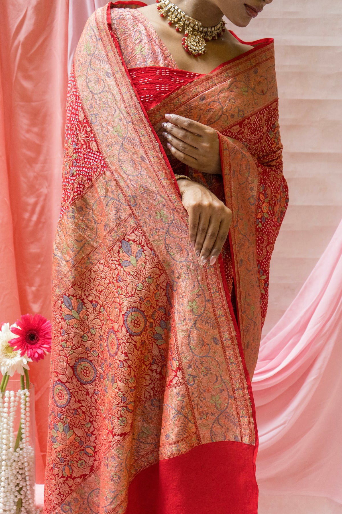 Meenakari Georgette Brocade Red Bandhej Saree