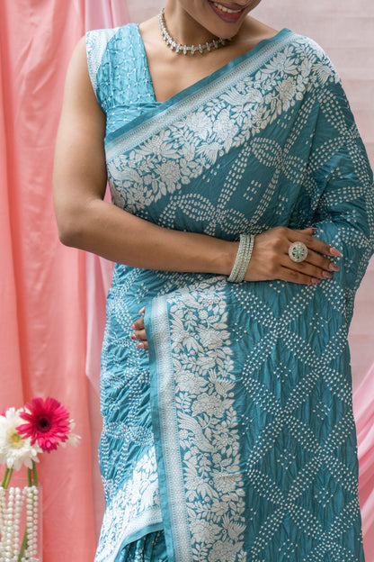 Katan Parsi Rai Dana Blue Bandhej Saree