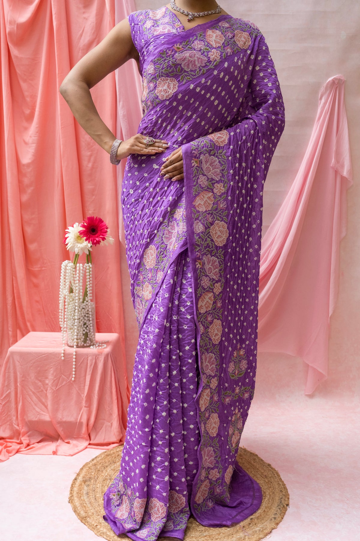 Chiniya Embroidered Purple Bandhej Saree
