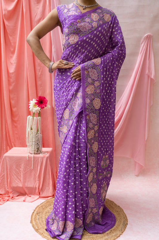 Chiniya Embroidered Purple Bandhej Saree