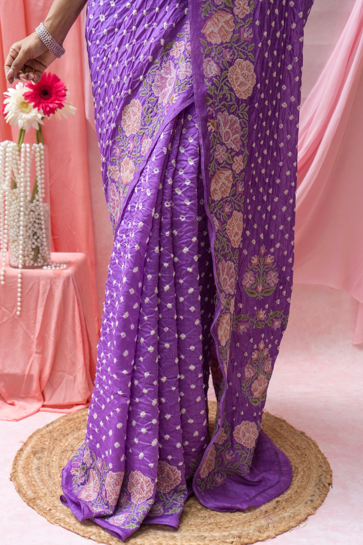 Chiniya Embroidered Purple Bandhej Saree