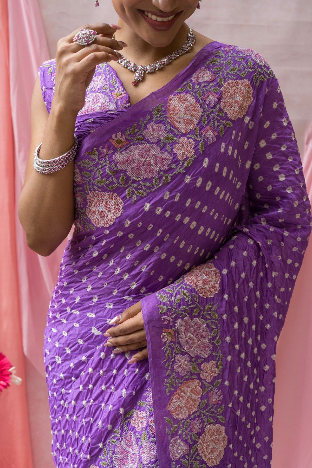 Chiniya Embroidered Purple Bandhej Saree