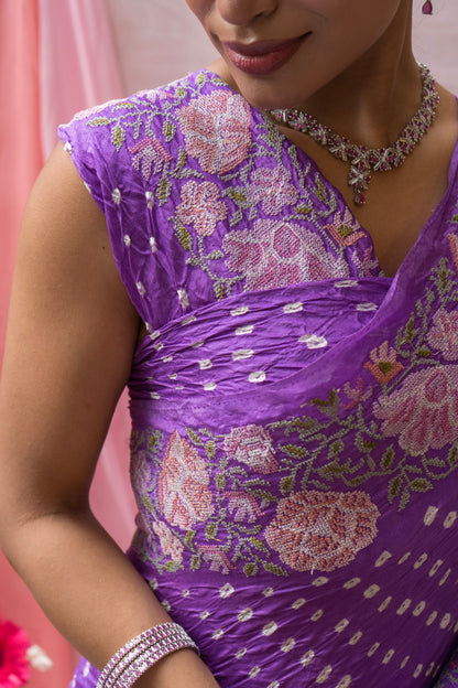Chiniya Embroidered Purple Bandhej Saree