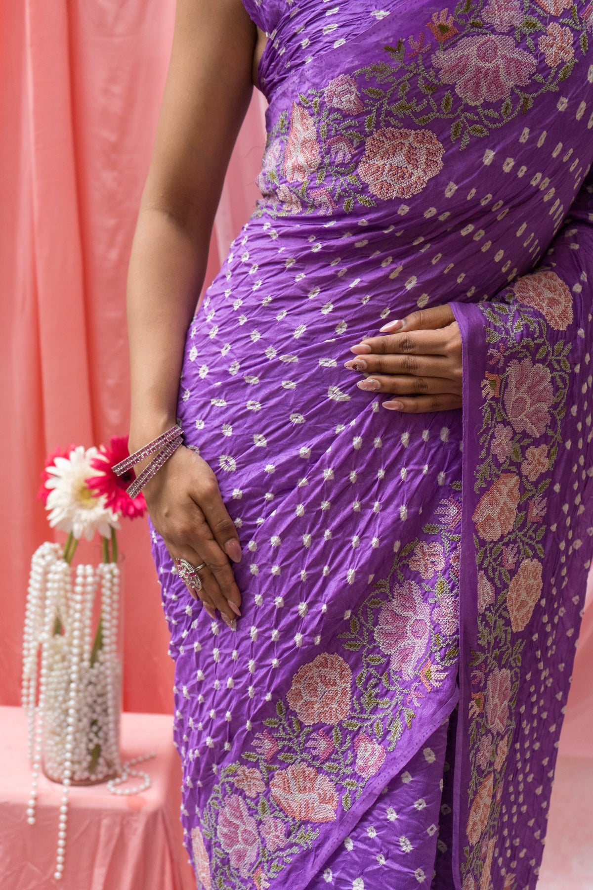 Chiniya Embroidered Purple Bandhej Saree