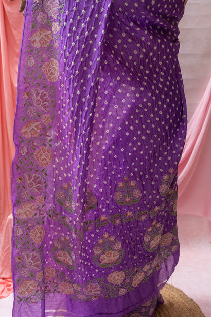 Chiniya Embroidered Purple Bandhej Saree