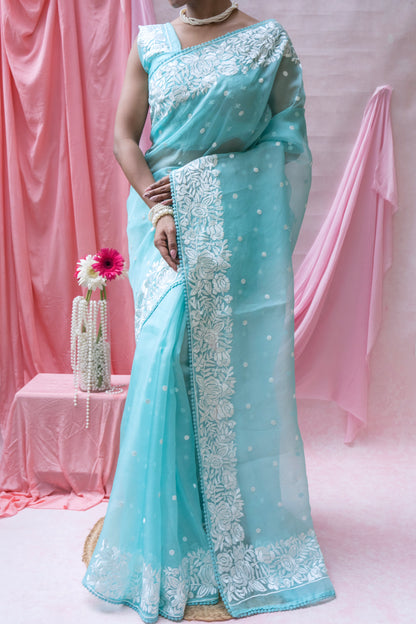 Organza Parsi Aasmani Blue Saree