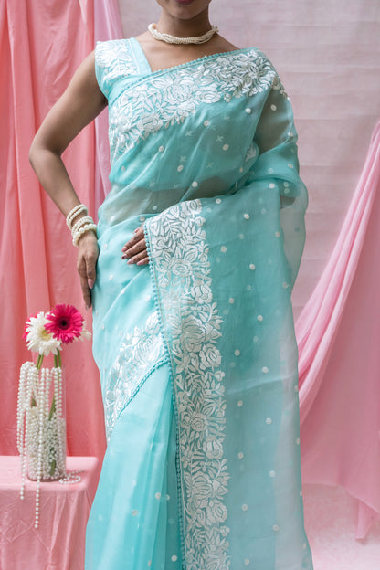 Organza Parsi Aasmani Blue Saree