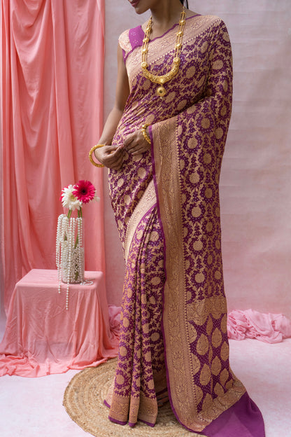 Georgette Neemzari Jaal Purple Bandhej Saree