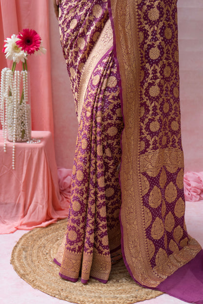 Georgette Neemzari Jaal Purple Bandhej Saree