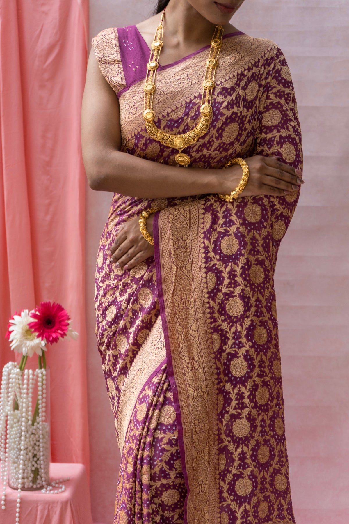 Georgette Neemzari Jaal Purple Bandhej Saree