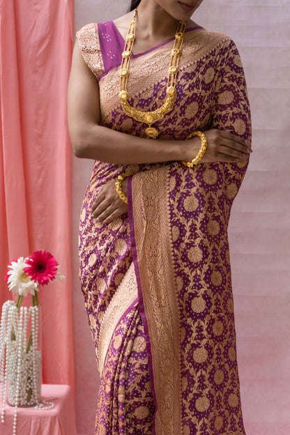 Georgette Neemzari Jaal Purple Bandhej Saree