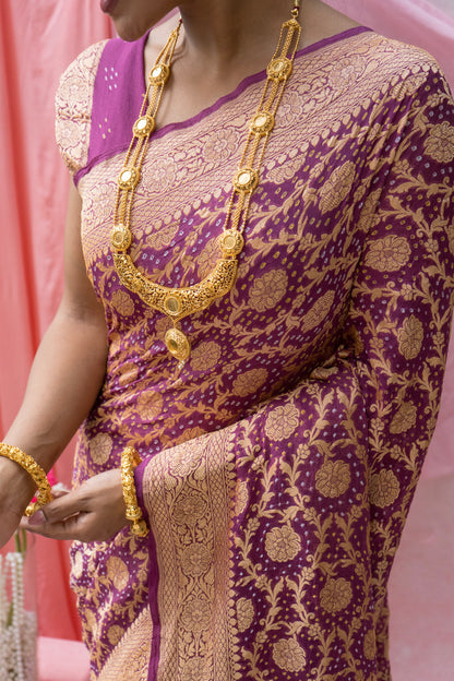 Georgette Neemzari Jaal Purple Bandhej Saree