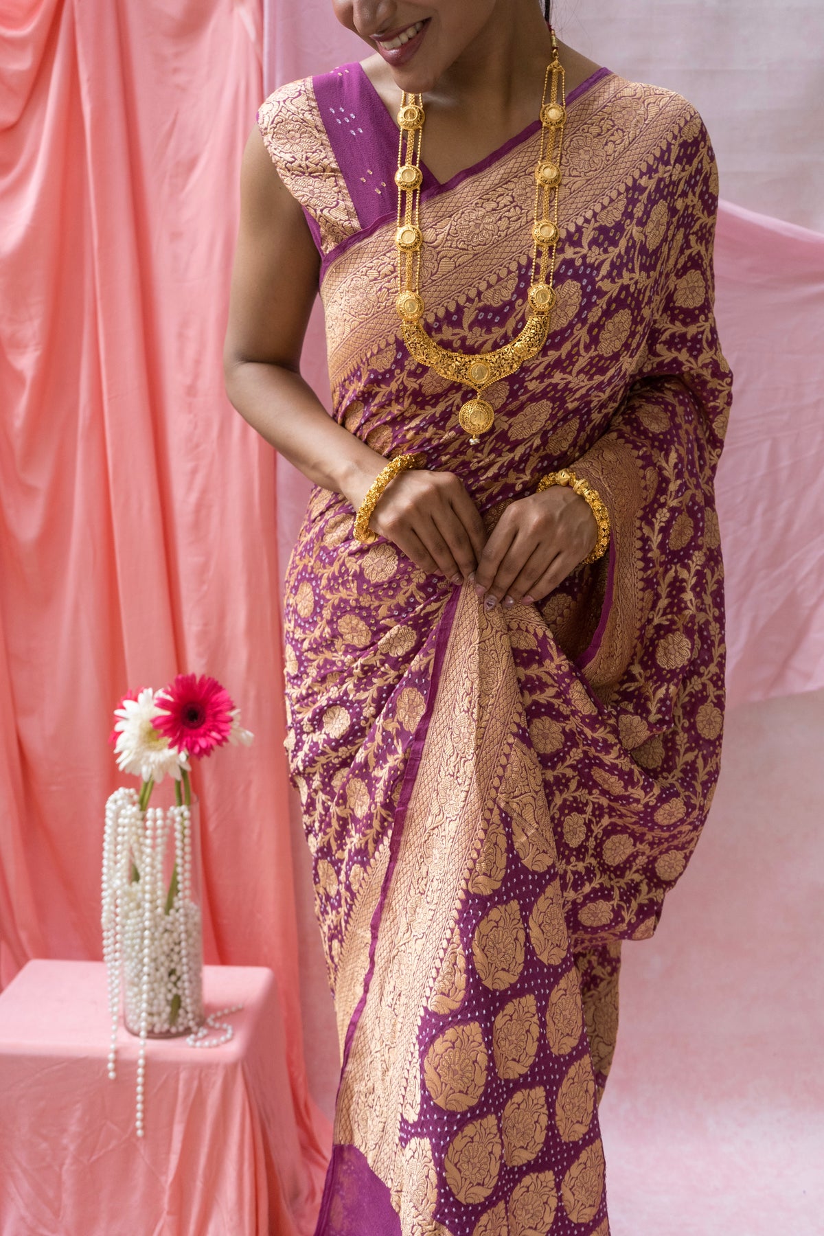 Georgette Neemzari Jaal Purple Bandhej Saree