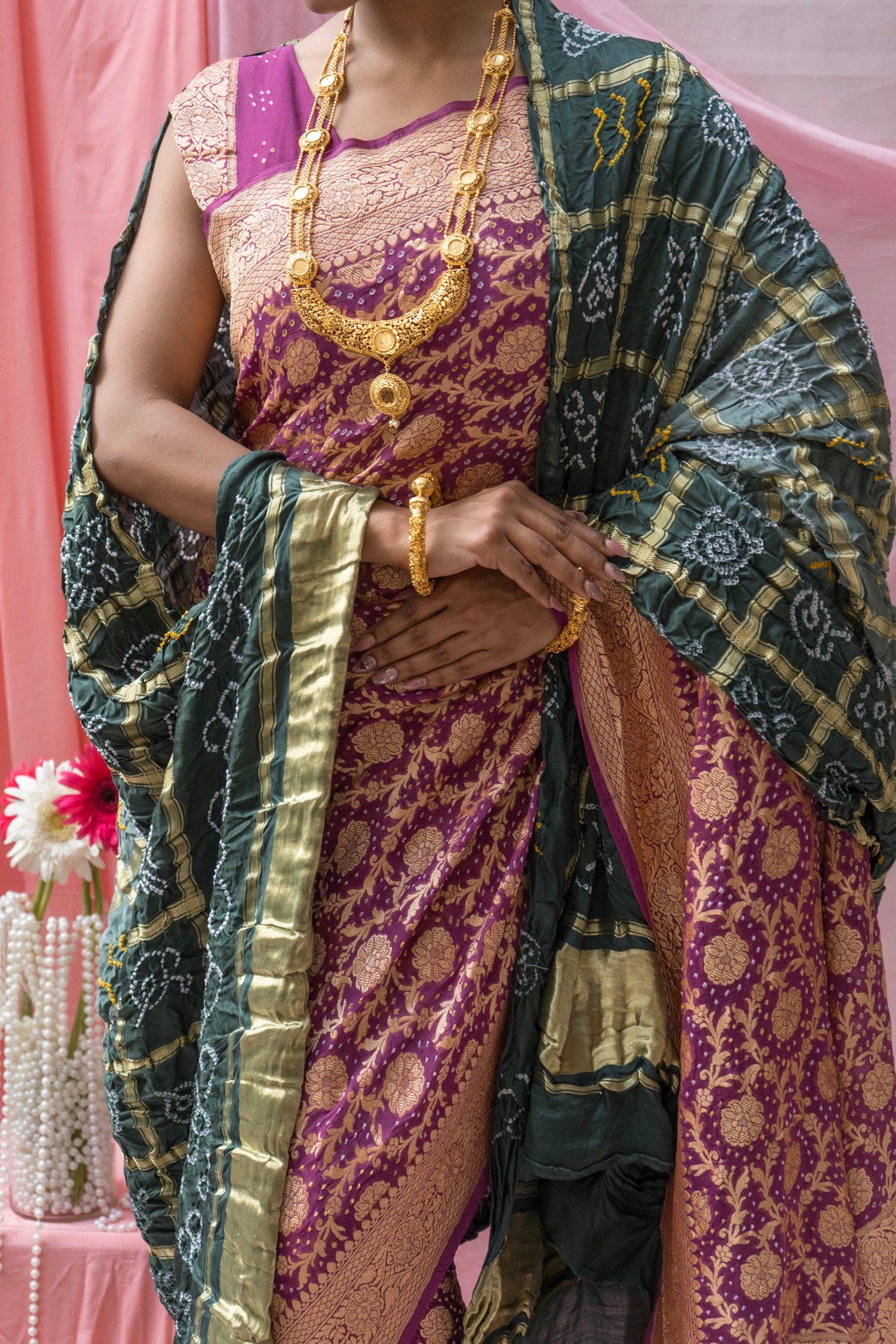 Georgette Neemzari Jaal Purple Bandhej Saree